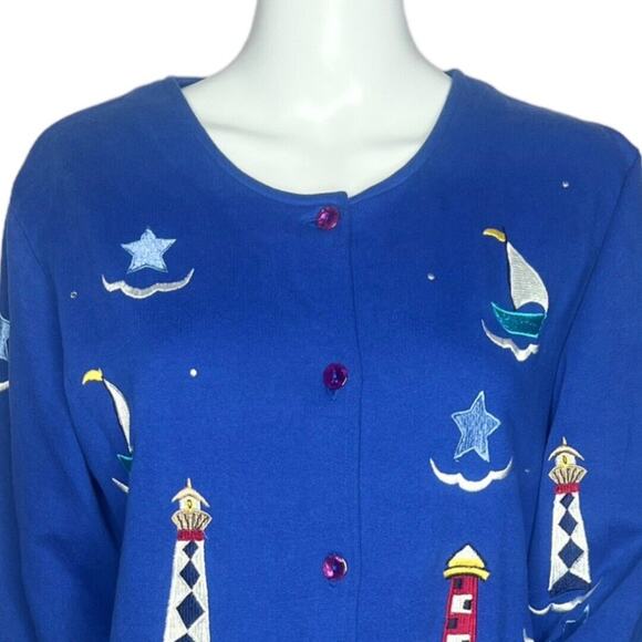 Quacker Factory Sweater Womens Medium Cardigan Blue Lighthouses Nautical Vintage - Picture 5 of 7